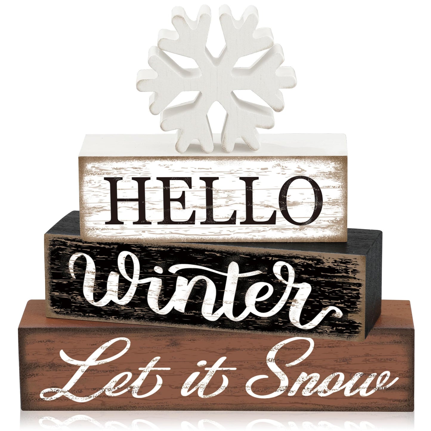 4 Pcs Winter Snowflake Wooden Table Block Sign Christmas Tiered Tray Decor Hello Winter Wood Tabletop Centerpiece Let it Snow Rustic Farmhouse Table Decorations for Xmas Holiday Home Shelf Party Decor