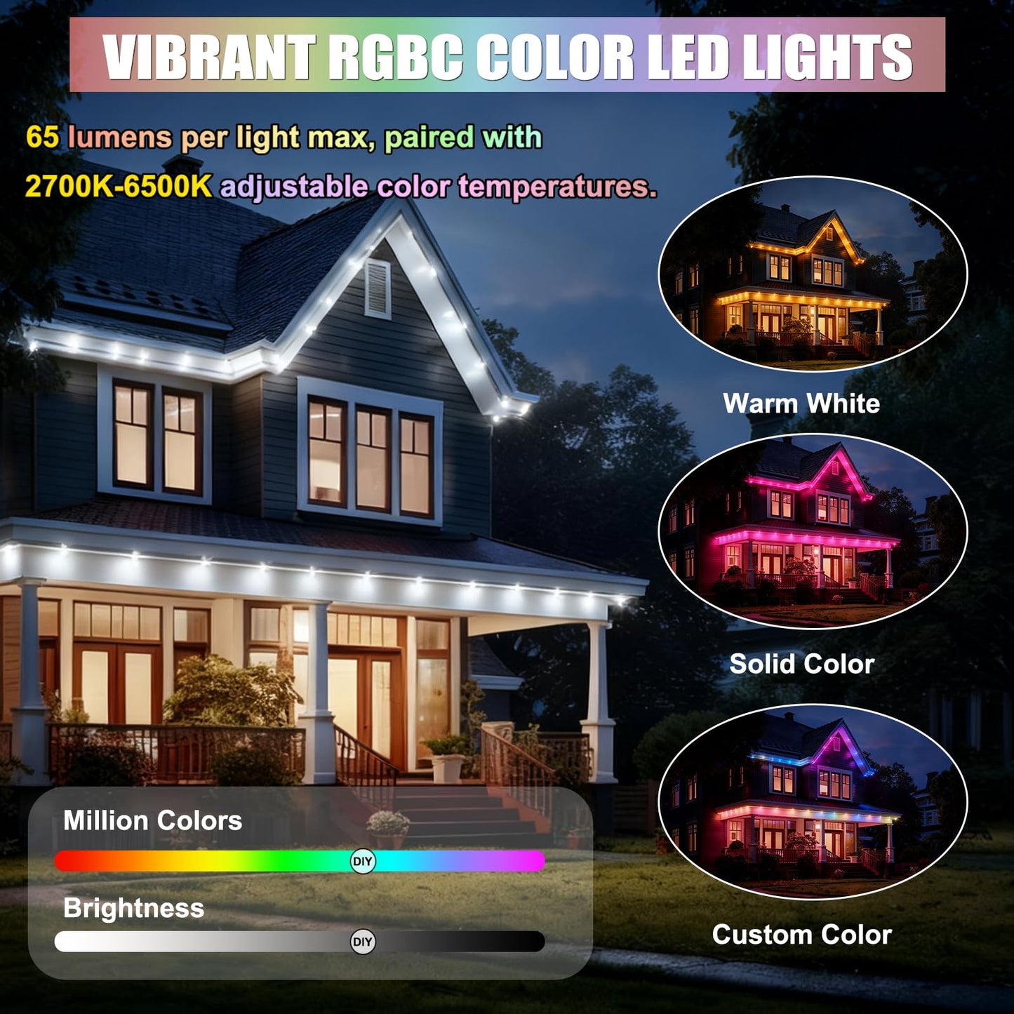 Permanent Outdoor Lights, ASTRAEA 100ft RGBW Smart Eaves Lights with APP & Remote Control, IP67 Waterproof LED Roof Lighting, DIY Scenes Modes for House Roof Decor, Christmas, Party, Holiday and Daily