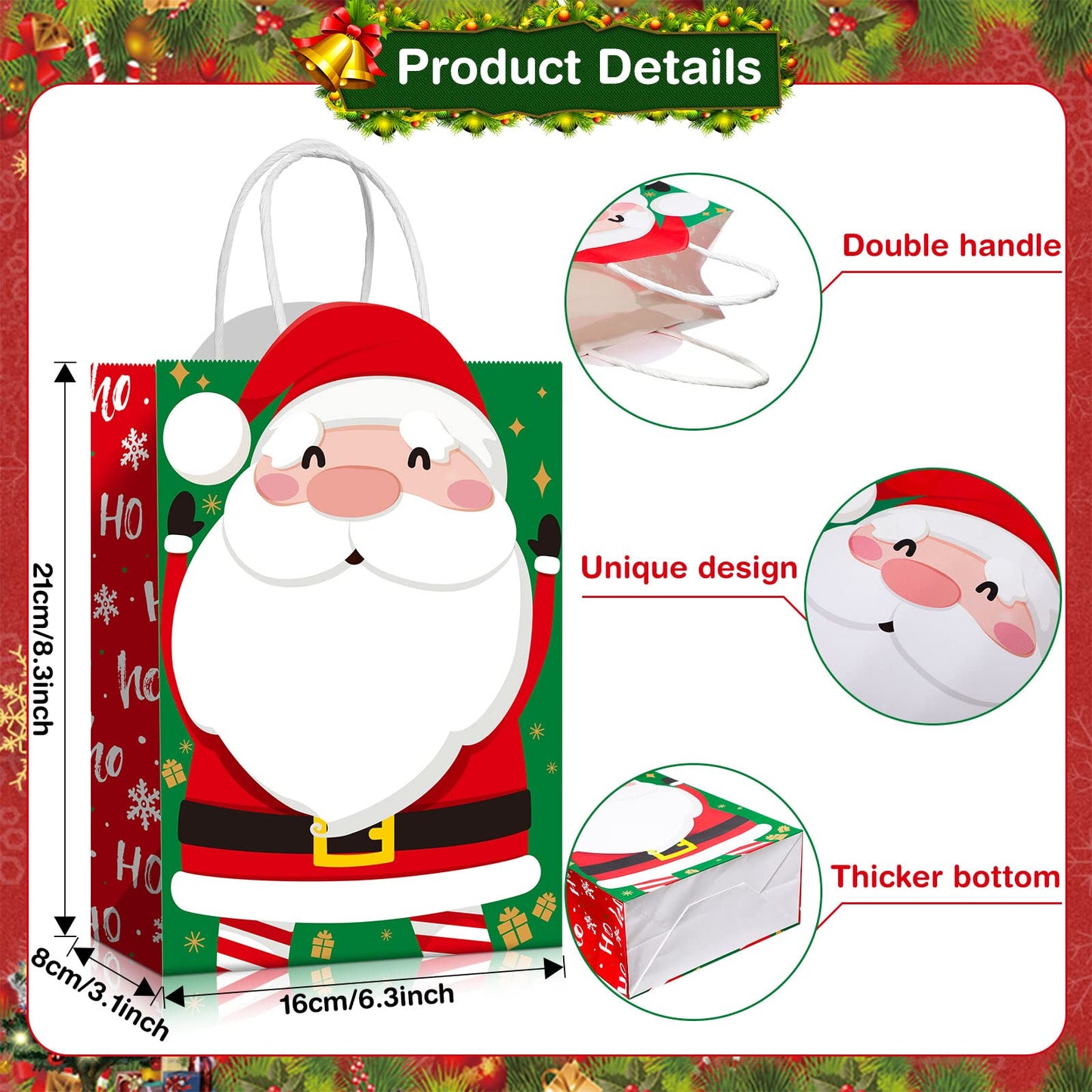 Funrous 36 Pack 36 Pack Christmas Gift Bags 6 Designs Christmas Kraft Paper Bags Xmas Treat Goodie Favors with Handles for Winter Holiday Snacks Gift Party Supplies, 8.6 x 6.3 x 3.2 Inch