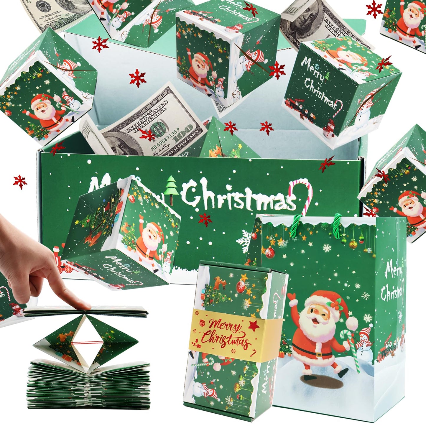 Surprise Gift Box Explosion for Money, Unique Folding Bouncing Red Envelope Gift Box with Confetti, Cash Explosion Luxury for Birthday Anniversary Valentine Proposal (15 Bounces) (Green Christmas)