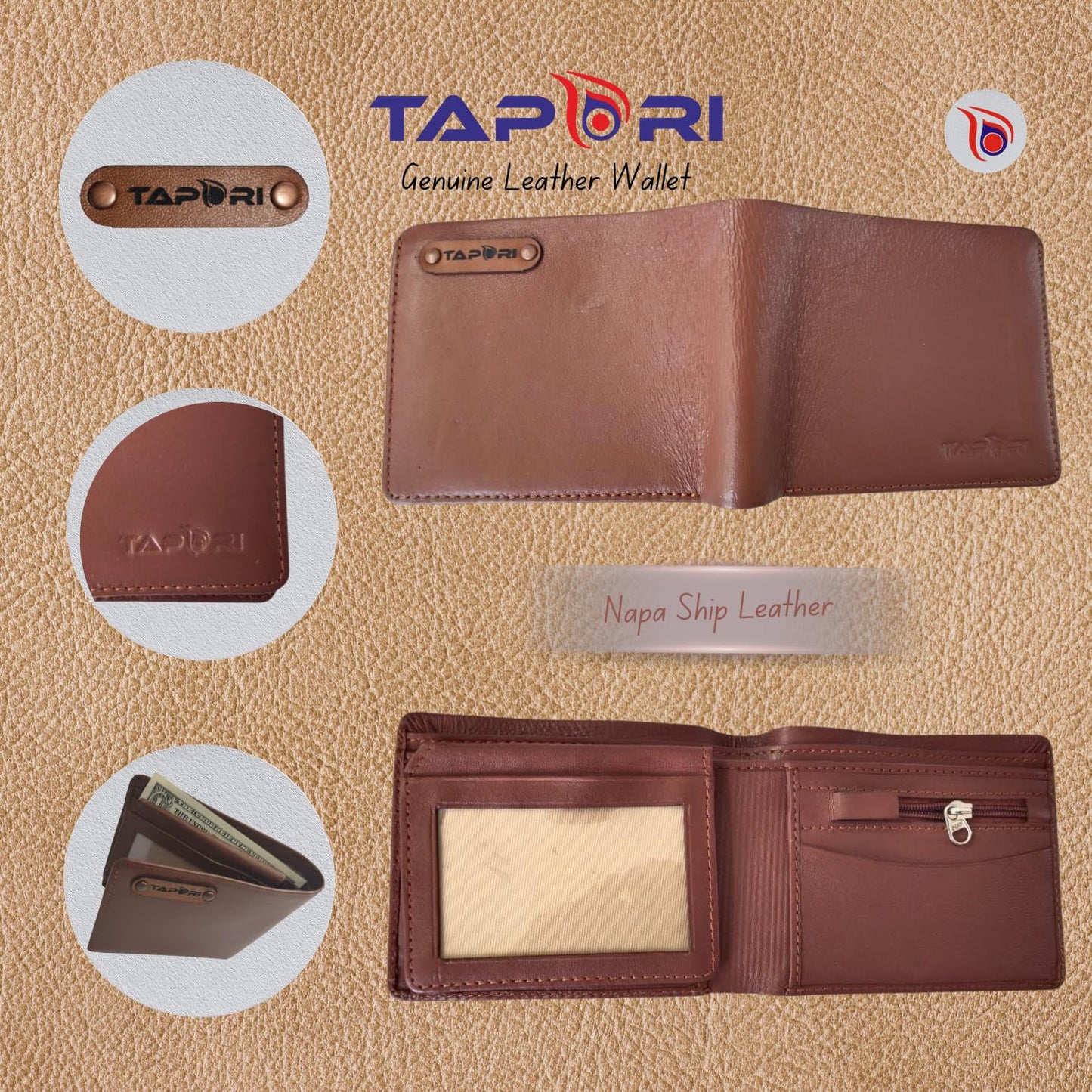 TAPORI Leather Wallets for Men | Men's Leather Bifold Wallet, Multiple Card Slots, ID Window, Zipper Coin Pocket, Available in | (Brown)