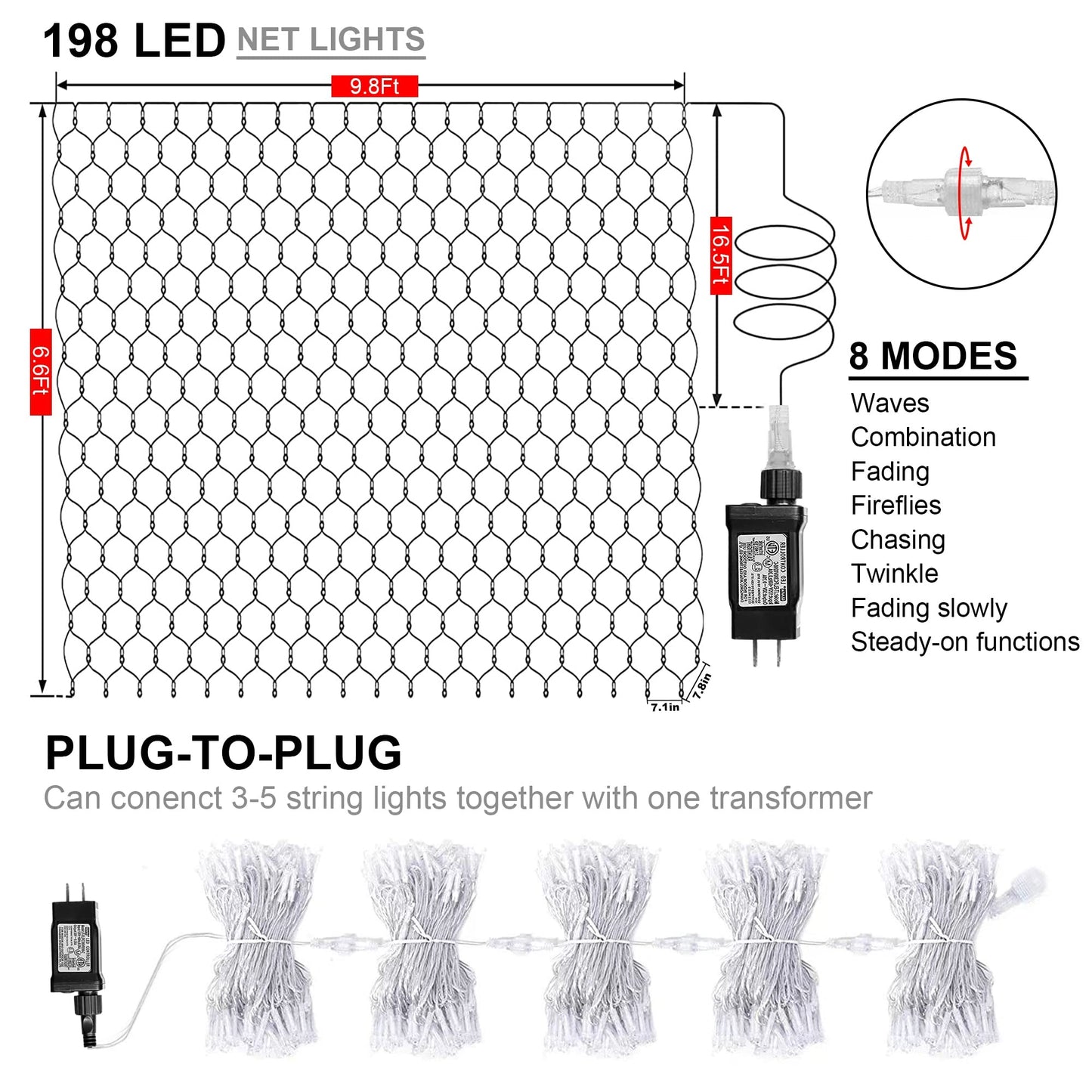 kemooie Outdoor Christmas Net Lights, 198 LEDs 9.8FT x 6.6FT Net Light, Connectable 8 Twinkle Modes Hanging Mesh Lights for Garden Bush Window Christmas Decorations (Blue&White)