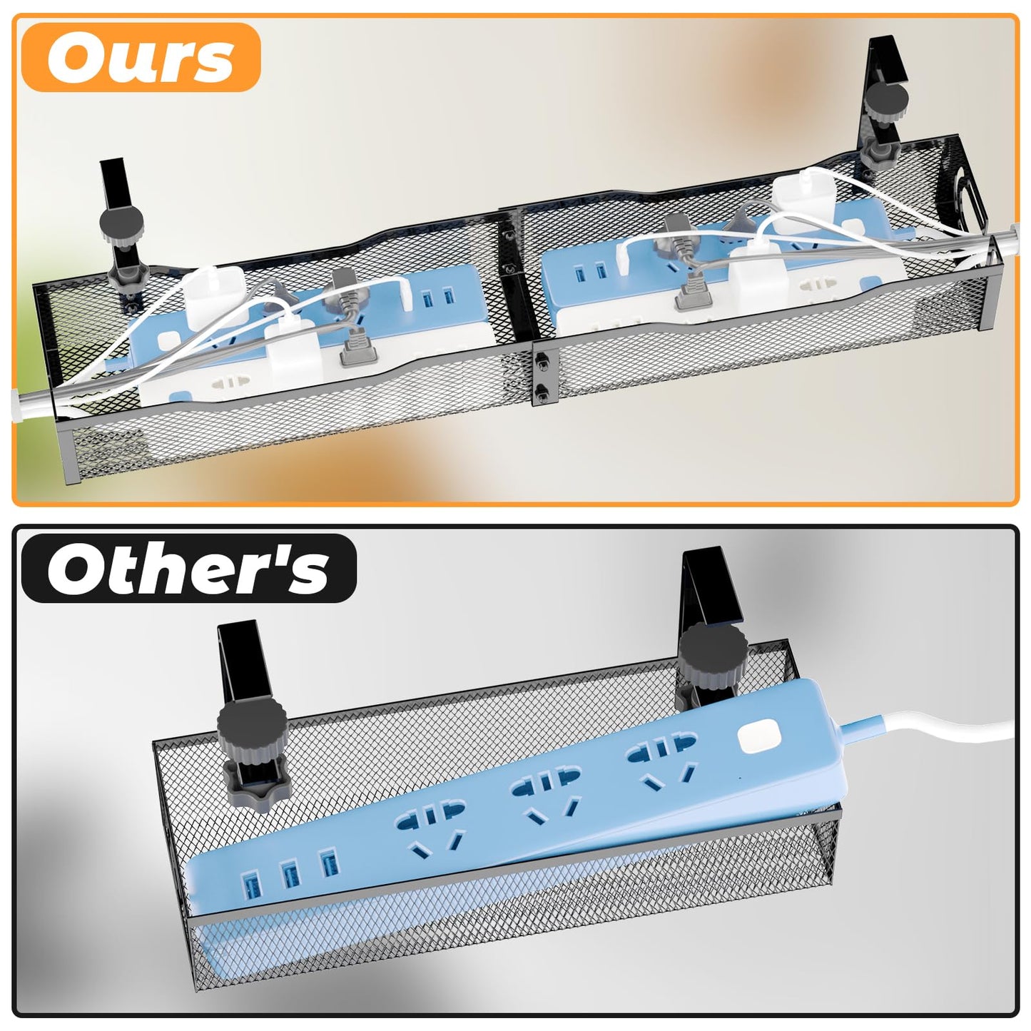 Under Desk Cable Management Tray, No Drill Steel Desk Cable Organizers, Wire Management Tray Cable Management Rack (24.4" Length-Black)