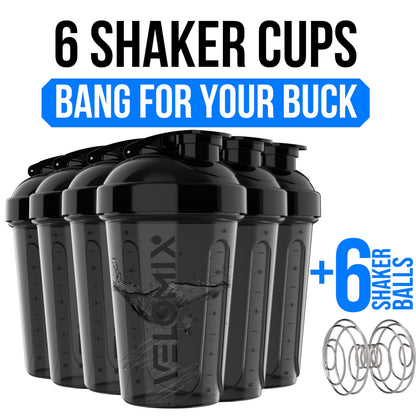 VELOMIX -6 PACK- 20 oz Protein Shaker Bottle for Protein Mixes - 6x Wire Whisk | Leak Proof Shaker Cups for Protein Shakes| Stackable Protein Shaker Bottle Pack | Dishwasher Safe (ALL IN BLACK)
