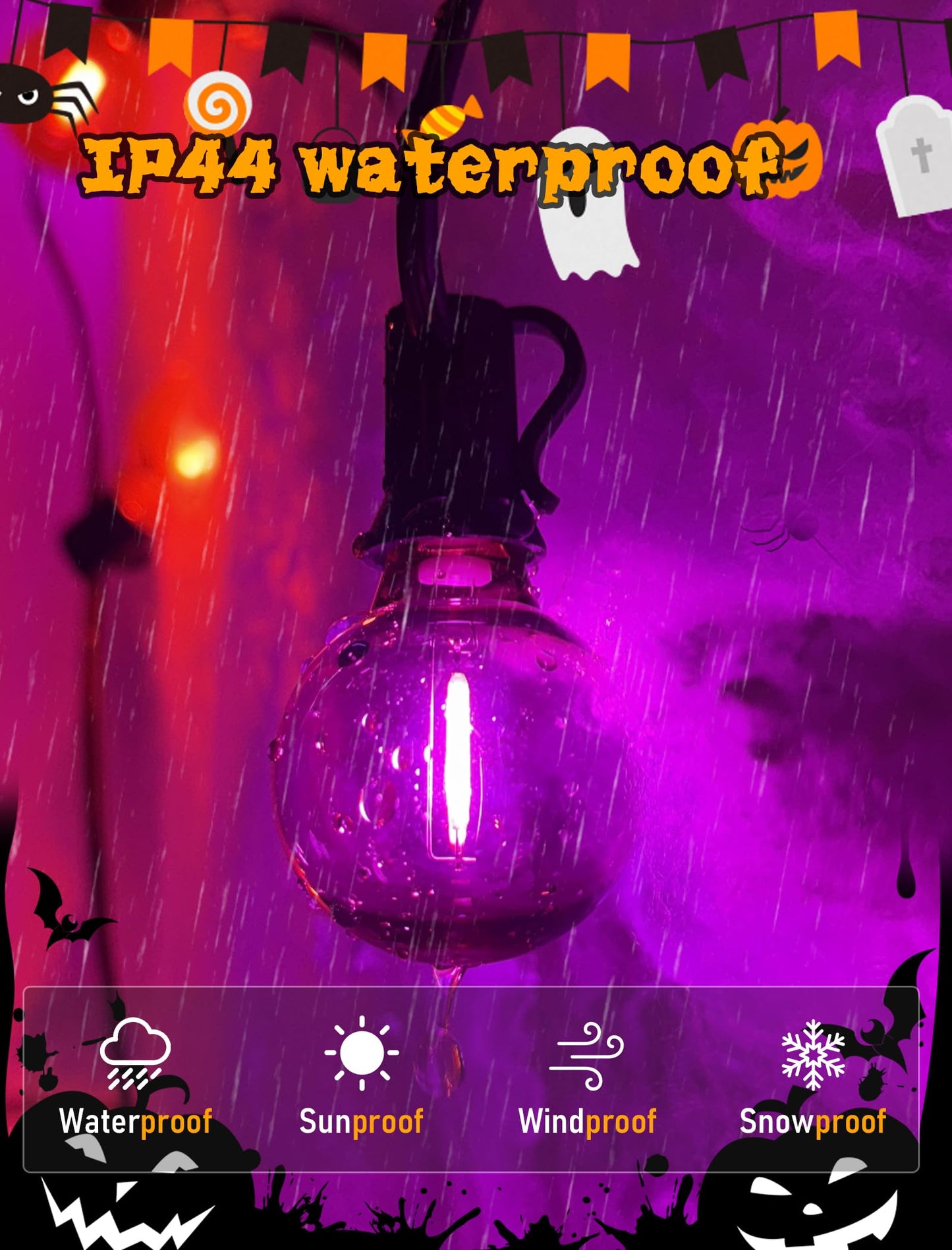 25FT Halloween String Lights Outdoor Plug-In, 25 G40 LED Bulbs & 2 Spare, E12 Base, 2700K Warm White, Shatterproof, Outdoor Halloween Decorations for Garden Patio Christmas, Clear Purple Orange