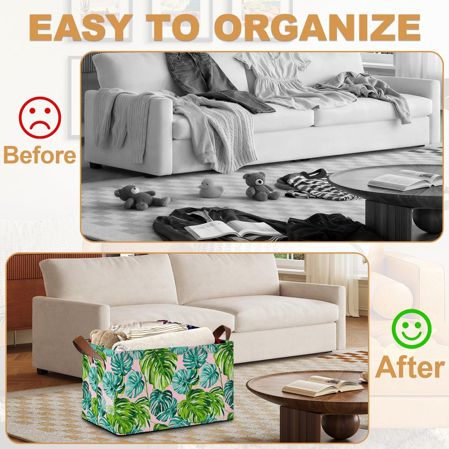 Oeaskly Palm leaves Storage Bins with Handles, Oxford Fabric Storage Basket with Sturdy Frame, Foldable Closet Organizer for Clothes Towels Blankets Shelf Storage