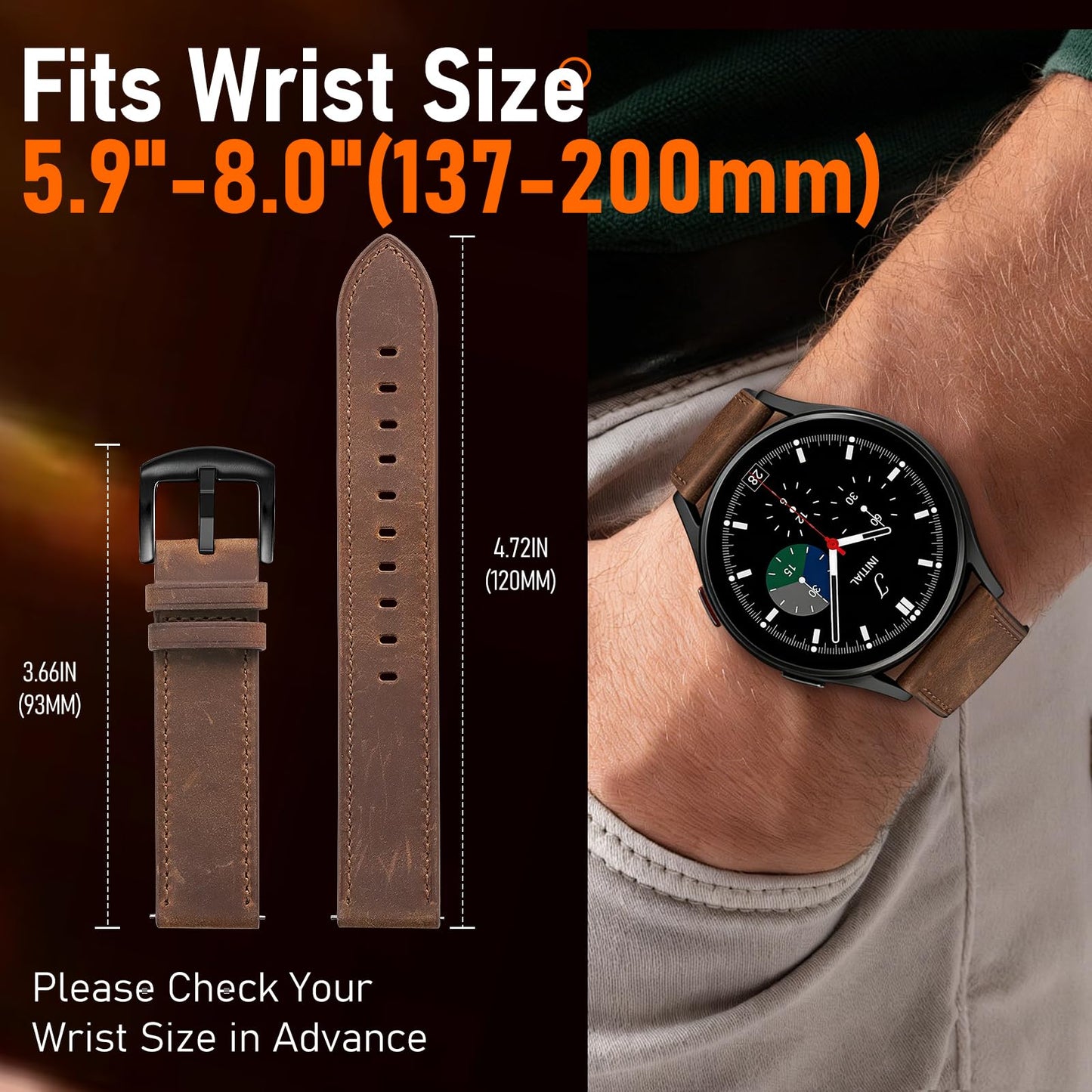 WestEagle Leather Bands for Men Compatible with Samsung Galaxy Watch 7/Watch 6 5 4 40mm 44mm/Watch 6 Classic 47mm 43mm/Galaxy Watch 5 Pro Band 45mm, 20mm Wristband Strap, Retro Walnut+Black Buckle