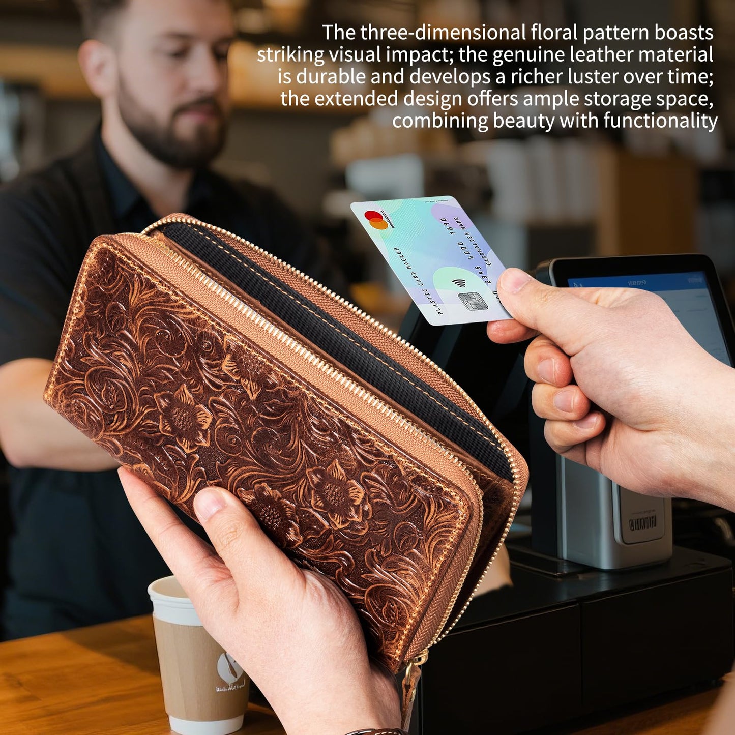 RMAWRAD genuine leather long bi-fold wallet/card holder, unisex, made of embossed buffalo leather, with card slots and a coin purse, brown.