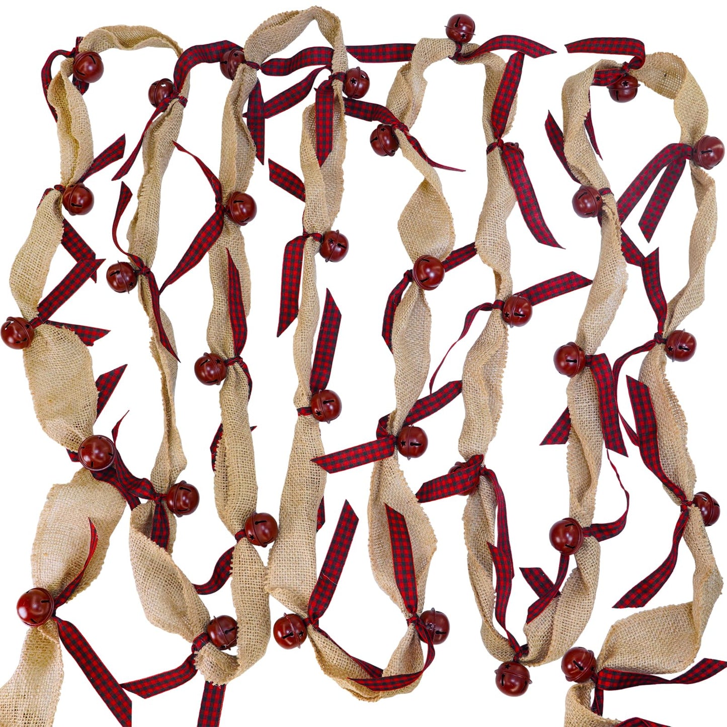 Winlyn Rustic Sleigh Bell Garland - 6 Yards Burlap with Buffalo Plaid Ribbon - Metal Jingle Bells - Farmhouse Christmas Tree & Banister Mantel Decoration