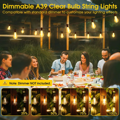 Larkvue 100FT LED Outdoor String Lights, Waterproof Patio Lights with 32 Shatterproof Dimmable 2700K A39 Bulbs Hanging Lighting for Outside Backyard