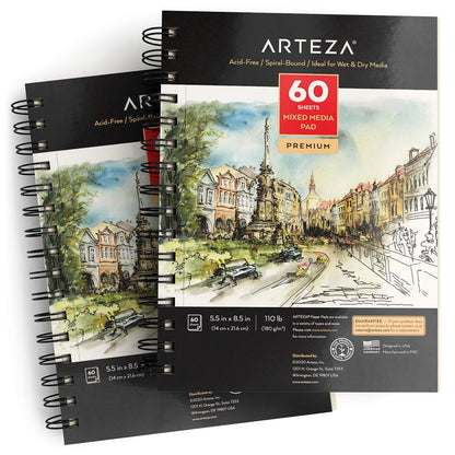 ARTEZA Mixed Media Sketchbook, 5.5 x 8.5 Inches, Pack of 1, 60 Sheets, Micro-Perforated Spiral-Bound Paper Pad for Wet and Dry Media
