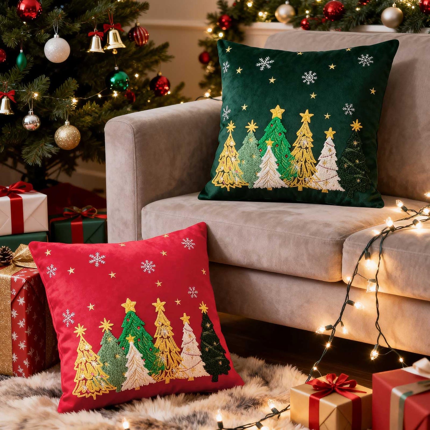 Lanpn 18x18 Christmas Pillow Covers Set of 2, Embroidery Cute Christmas Tree Decorative Holiday Pillowcase Pillow Case Cushion 18 x 18 for Indoor Home Bedroom Sofa Couch Xmas Decor