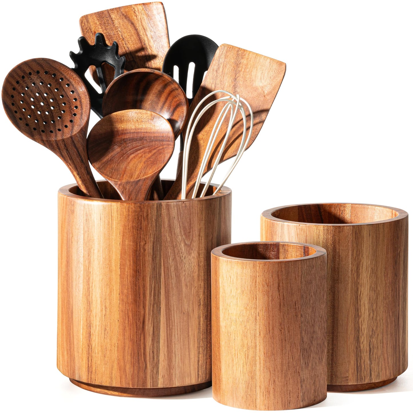 Criusia Utensil Holder 3 Pack, 360° Rotating Acacia Wood Cooking Utensil Crocks for Kitchen Counter, Farmhouse & Modern Decor, (1 Large, 1Medium, 1 Small)