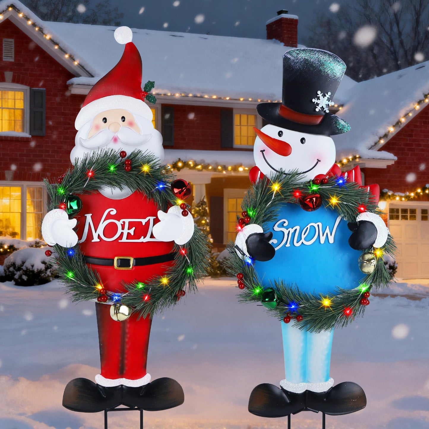 Stentec Lighted Christmas Decorations Outdoor, 2 Pack 30" Height Santa & Snowman Xmas Yard Signs Metal Garden Stakes with LED Lights, Battery Powered for Holiday New Year Winter Walkway Patio Lawn