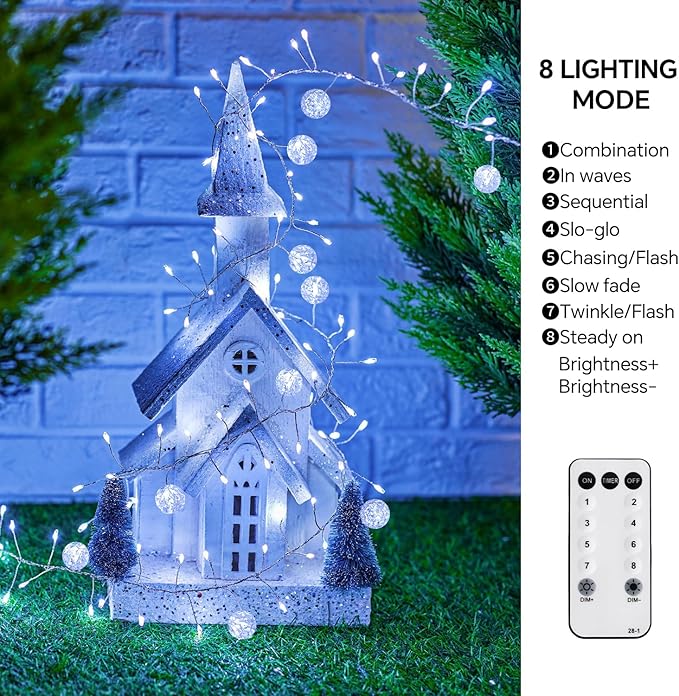Copper Wire Firecracker Christmas Lights, 10FT 200LED Battery Operated Twinkle Cluster Fairy Lights for Christmas Tree with Remote for Bedroom Dorm Wreath DIY Wedding Christmas Decoration
