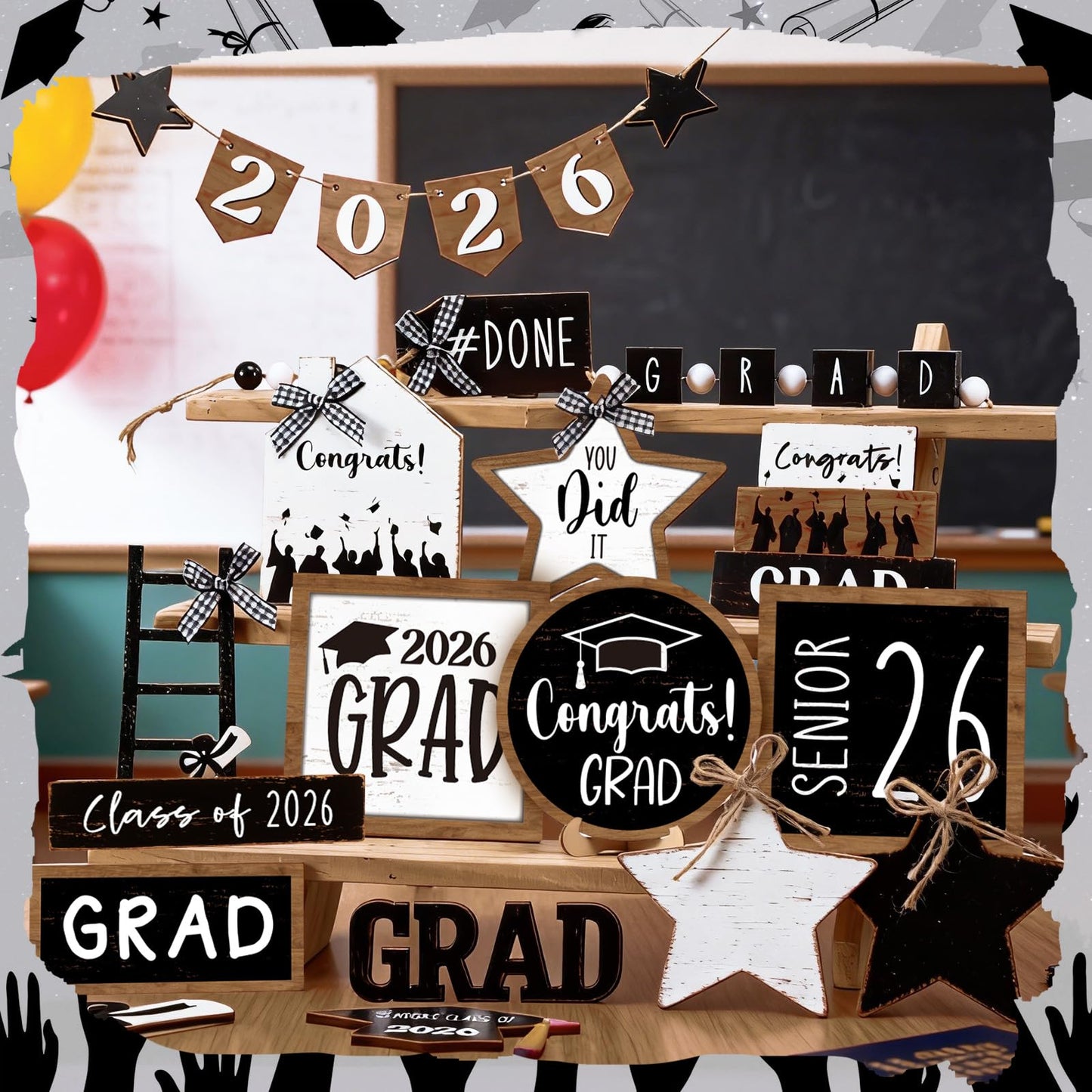 Vercraft 18 Pcs Graduation Tiered Tray Decorations Class of 2026 Tiered Tray Decor Black White Grad Wooden Signs Farmhouse Table Shelf Decoration for Graduation Party Supplies(Black White)