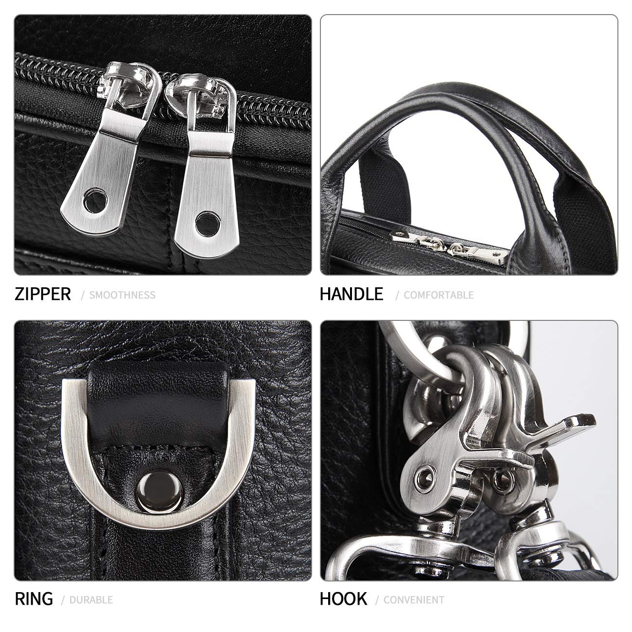 Augus Genuine Leather Messenger Bag for Men Vintage Travel Backpack 14 inch laptop Briefcase Shoulder Bags Black With YKK Metal Zipper