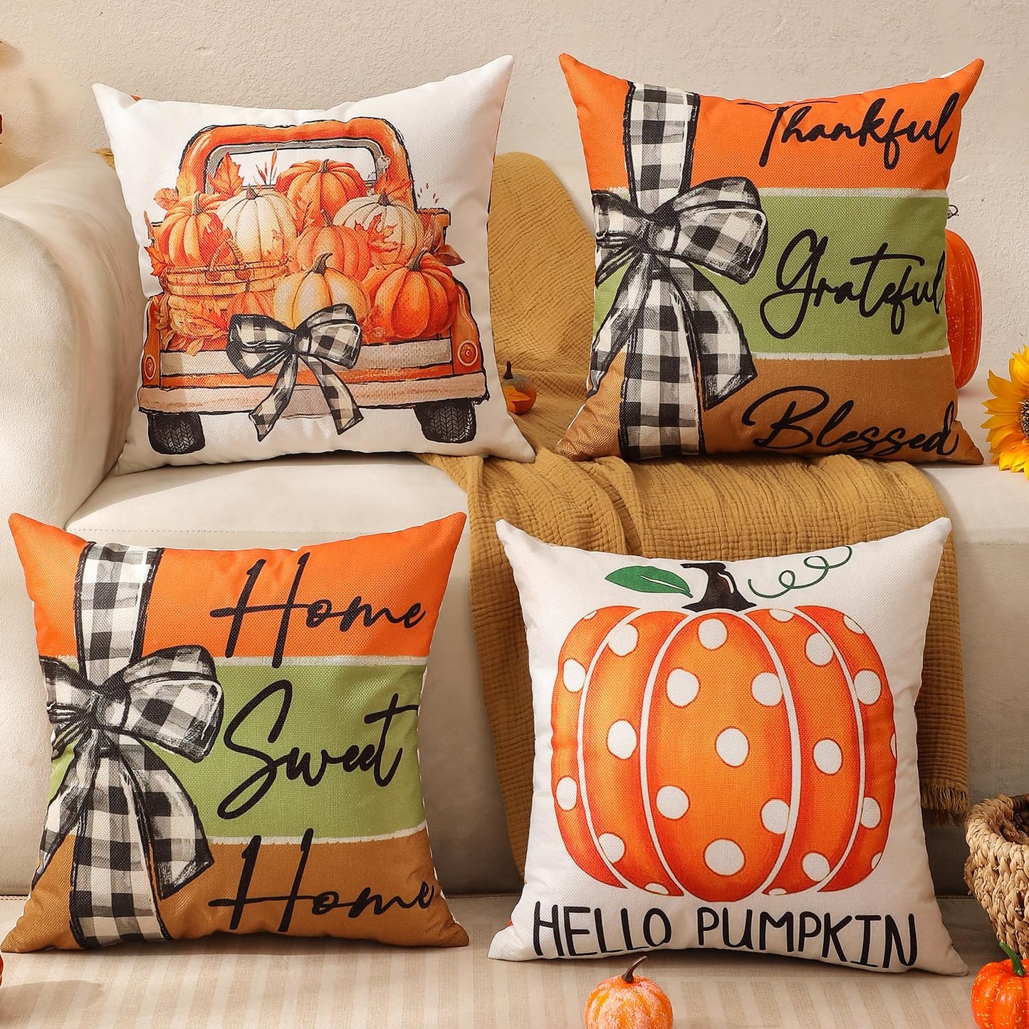 Fall Decorations Set Of 4 Double-Sided Print Fall Pillow Covers with 8 Cute Autumn Decor Patterns, Elegant Invisible Zipper, 20" x 20" Soft Linen Throw Pillow Covers for Outdoor & Indoor Use