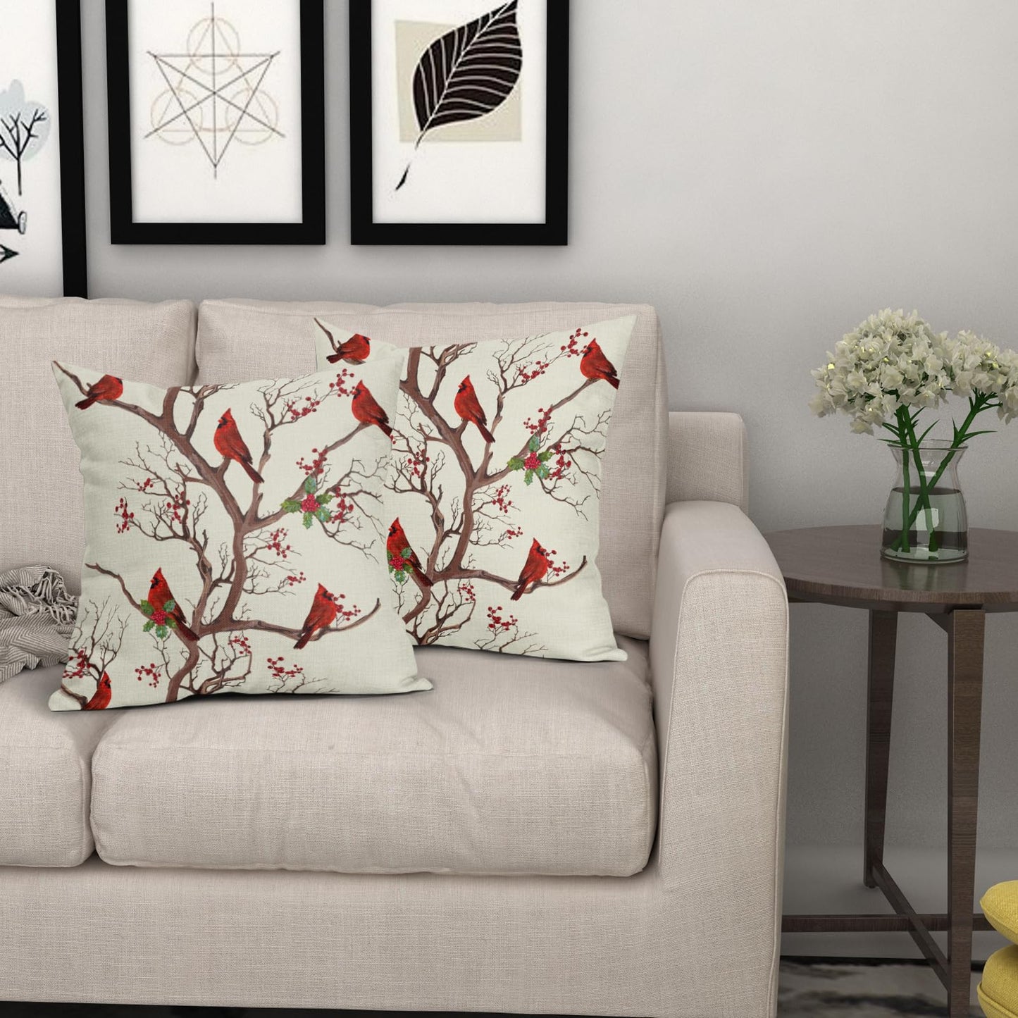 Aytipun Red Winter Bird Pillow Covers 18x18 Set of 2 Rustic Christmas Bird Branches Leaf Print Decorative Outdoor Pillowcases Rustic Farmhouse Throw Cushion Case Decor for Couch Sofa Bed