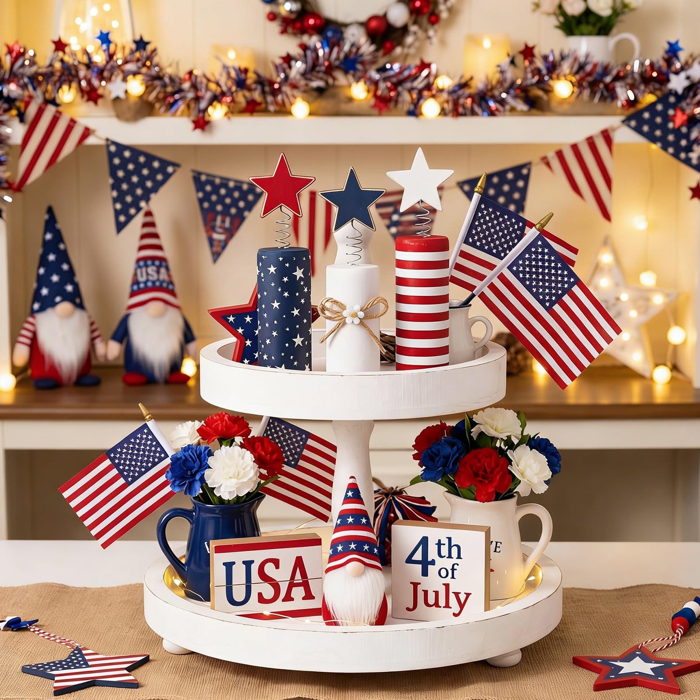 Qunclay 3 Pcs 4th of July Table Decor Firework Tiered Tray Decor Patriotic Memorial Day Table Centerpieces Red White Blue Wood Stars 250th Anniversary Rustic Farmhouse Decoration for Independence Day