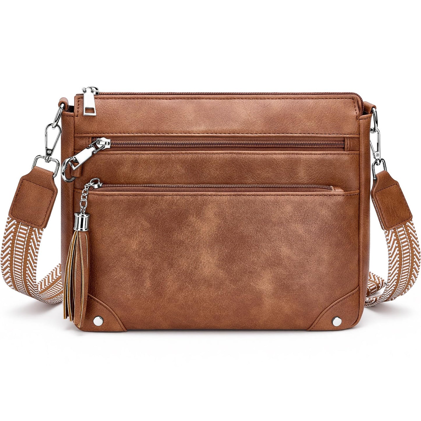 Fiiuos Anti Theft Crossbody Purse for Women RFID Crossbody Bags for Travel, Vegan Leather Cross Body Bag with Built-in Wallet for Work & Daily Use, Hands-Free Shoulder Purse with Tassel Brown