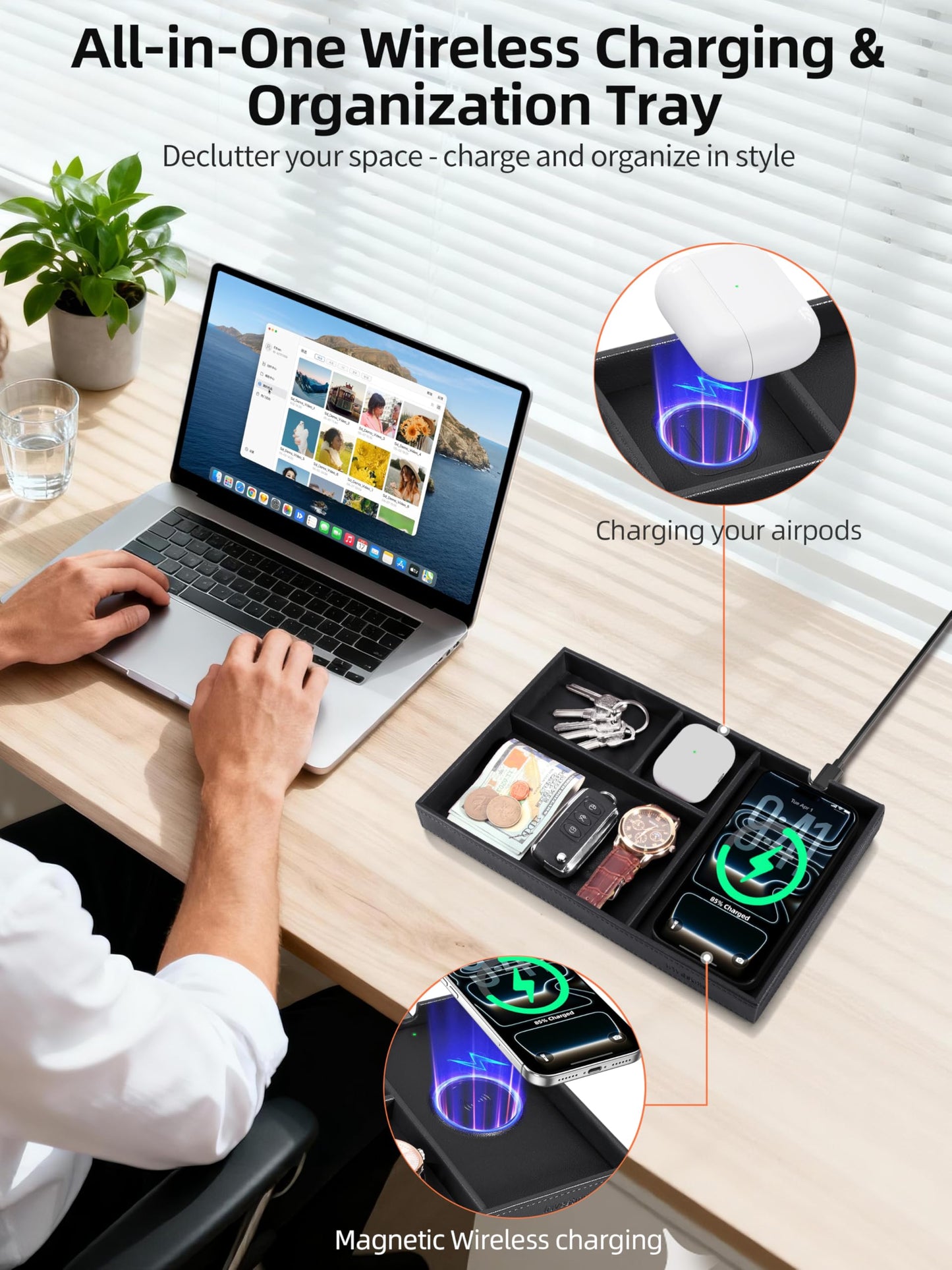 Valet Tray, Built-in Wireless Chargers, PU Leather Nightstand Organizer, Desk Bedside Caddy Organizer Tray for Men Women, EDC Catchall Trays for Keys, Watch, Phone, Jewelry, Black