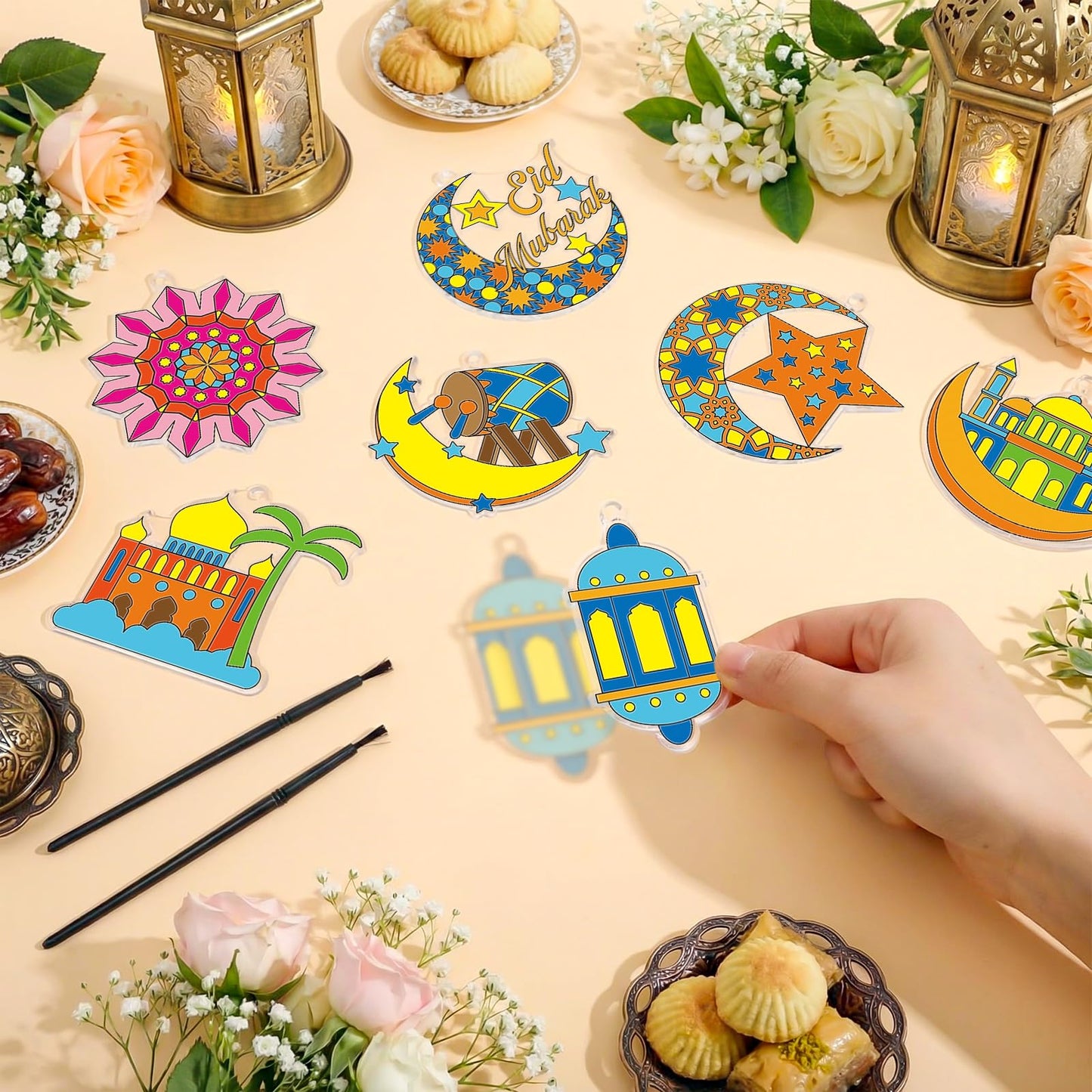 Beeveer 30 Sets Ramadan Suncatchers Art Kits DIY Eid Al Fitr Crescent Moon and Star Mosque Suncatcher Crafts Paint Your Own Window Ornaments for Boys Girls Islamic Eid Mubarak Activities Party Favor
