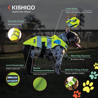 Reflective Dog Safety Vest, Harness and Collar Compatible, Waste Bag Holder, Water Resistant, Adjustable Neck and Chest, Day or Night Walking, High-Visibility Protection (Lime, L)