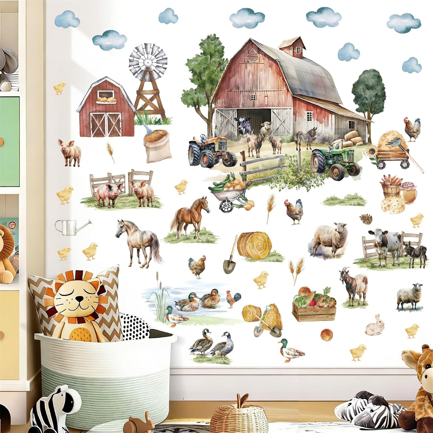 Large Farm Animal Wall Decals Peel and Stick Funny Animal Wall Stickers Farmhouse Decoration Sheep Chicken Rooster Duck Horse Pig Cow Cute Farm Wall Stickers for Kids Room Playroom Kitchen Decor