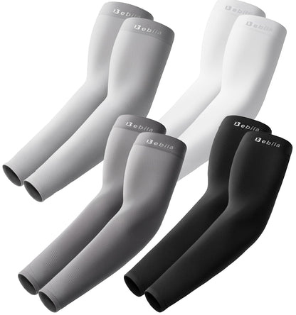 Bebila Arm Sleeves for Men Women, UV Sun Protection Sports Cooling Compression Sleeves for Basketball Golf Outdoor (Black+dark Gray+light Gray+white, Medium)