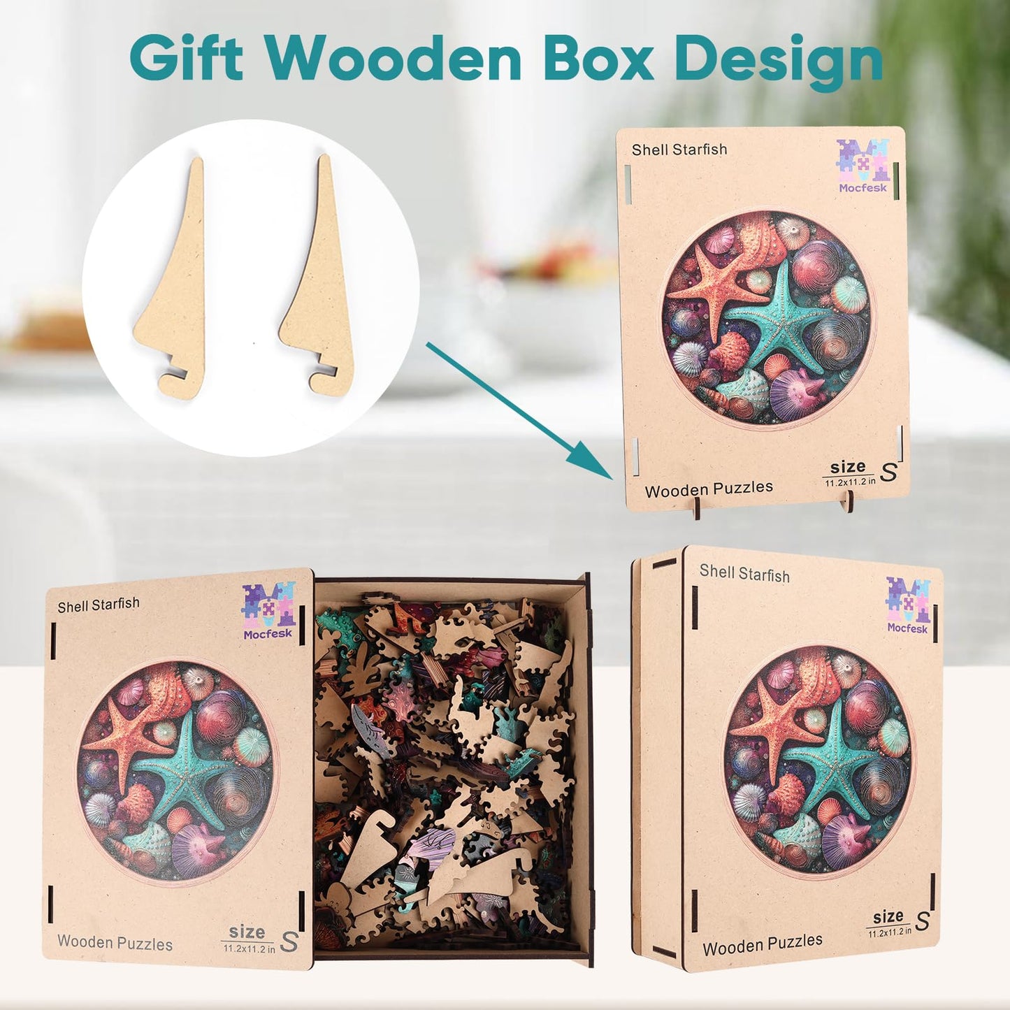 Mocfesk Wooden Puzzles for Adults, Shell Starfish Puzzles 200 Pieces, Unique Shaped Underwater Ocean Jigsaw Puzzles, Birthday Gifts Fun Family Game 11.2'' x 11.2''