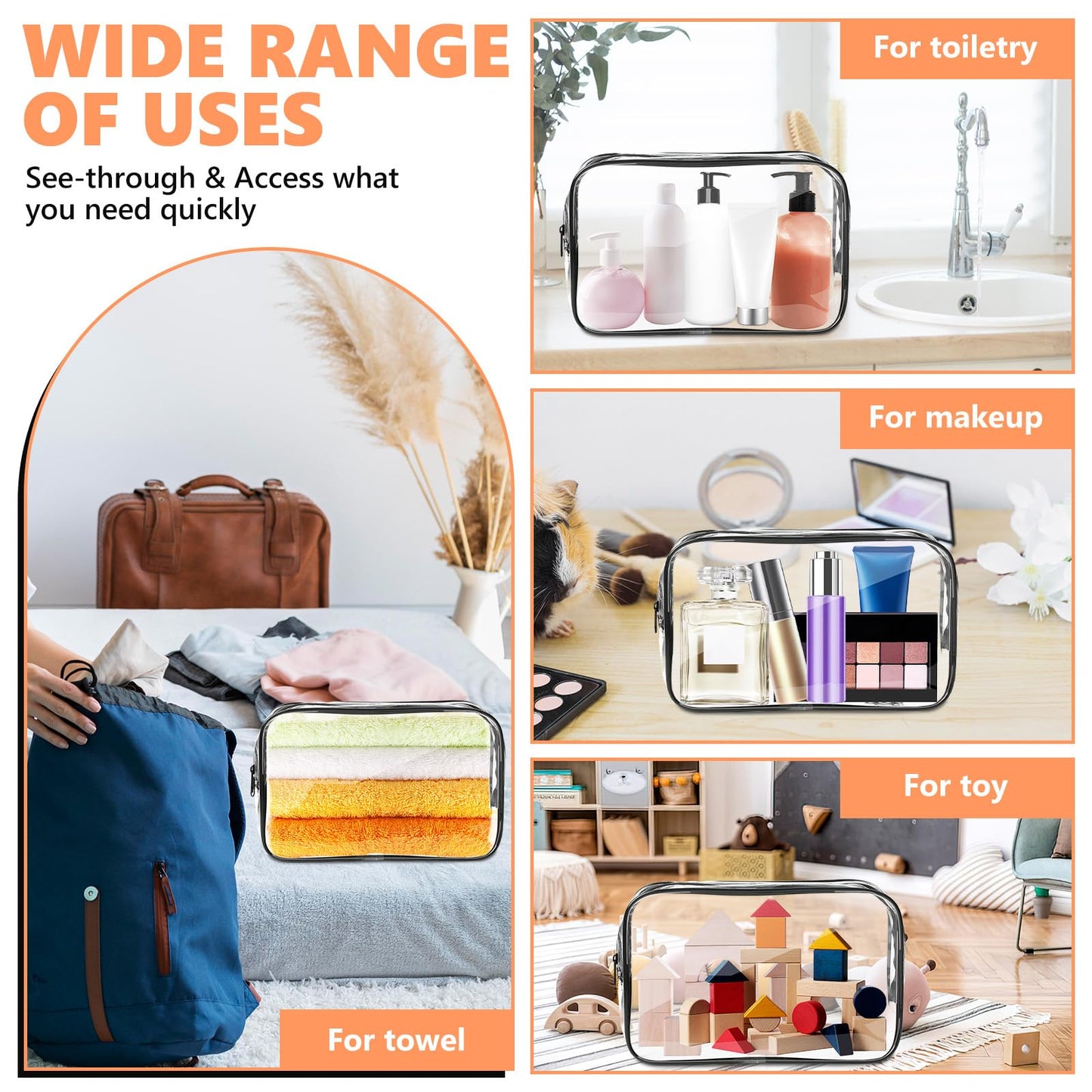 AURUZA 4 Pack Clear Toiletry Bag, Portable Travel Makeup Pouch with Zipper, TSA Approved Organizer, PVC Cosmetic for Airport Airline Compliant