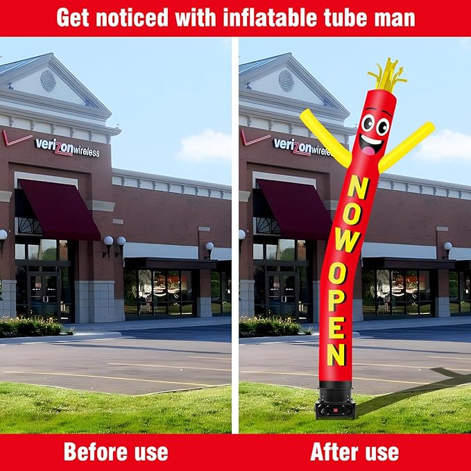10FT Tall Inflatable Tube Man Now Open Wacky Wavy Dancing Guy with 3/4 HP Weather-Resistant Blower (12''Diameter) for Outdoor Decoration Advertising Business Promotion