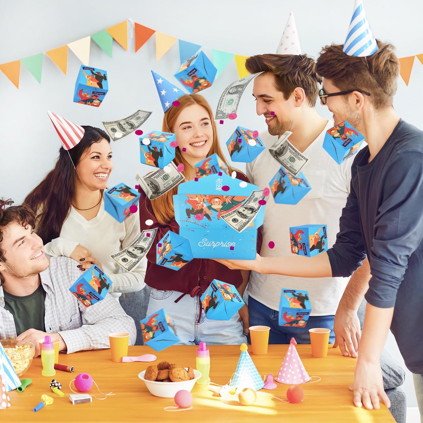 Surprise Gift Box Explosion for Money, Unique Folding Bouncing Red Envelope Gift Box with Confetti, Cash Explosion Luxury for Birthday Anniversary Valentine Proposal (15 Bounces) (Blue)