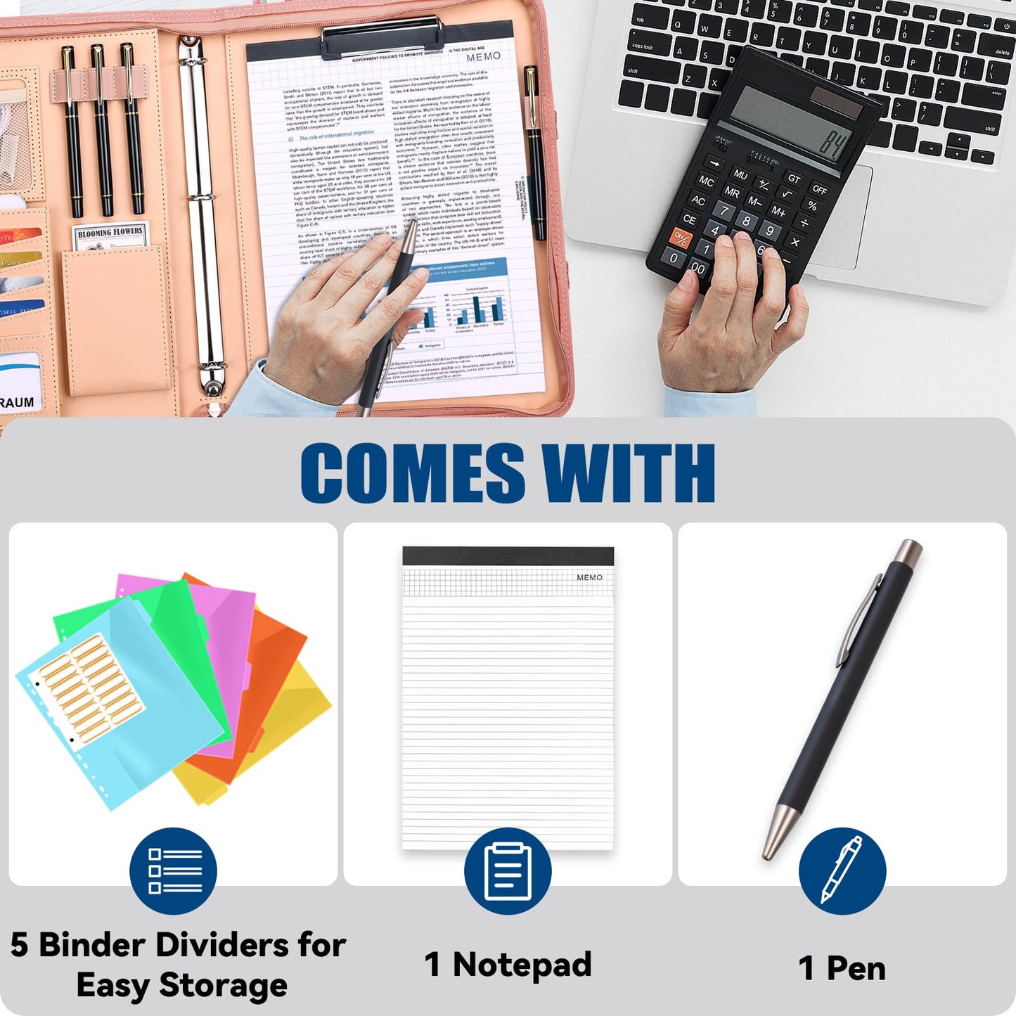 NATISERAUM Padfolio Portfolio Binder with Handle, 3-Ring Folder Organizer, Vegan Leather Portfolio with Notepad Includes 5 Dividers with 10 Pockets for Documents Filesfor Documents Files and 1 Pen