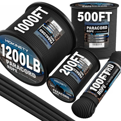 HOKINETY 1200 Paracord Rope - 4.4mm 14 Strand Nylon Parachute Spool para Cord Lanyard for Outdoor Camping Survival Utility Tent Crafting DIY Projects Fishing Clothsline Bracelet - Black 300FT