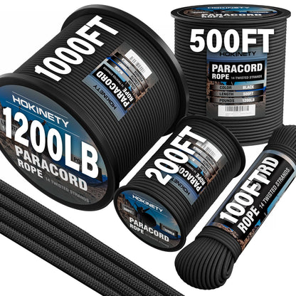HOKINETY 1200 Paracord Rope - 4.4mm 14 Strand Nylon Parachute Spool para Cord Lanyard for Outdoor Camping Survival Utility Tent Crafting DIY Projects Fishing Clothsline Bracelet - Black 50FT