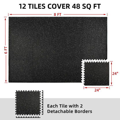 HIAARO 0.56in Thick 48 Sq Ft Exercise Equipment Mats, 12 Tiles Rubber Top EVA Foam Workout Mats, Interlocking Gym Flooring for Home Gym, 24 x 24in, Black & White
