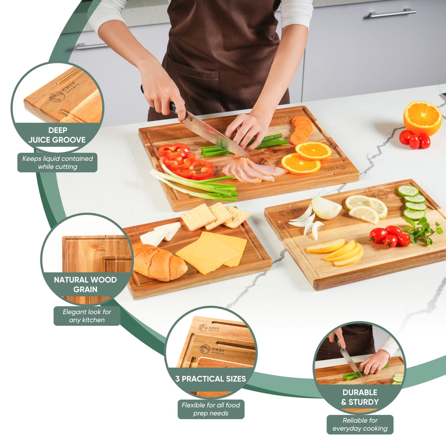 Chef Studio Acacia Wood Cutting Board (Set of 3) – Wooden Cutting Boards for Kitchen, Chopping and Serving, Non Plastic Bamboo Alternative, Hostess Gifts for Christmas, Thanksgiving, New Year