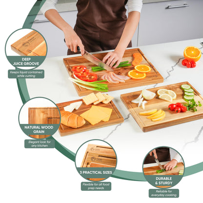 Chef Studio Acacia Wood Cutting Board (Set of 3) – Wooden Cutting Boards for Kitchen, Chopping and Serving, Non Plastic Bamboo Alternative, Hostess Gifts for Christmas, Thanksgiving, New Year