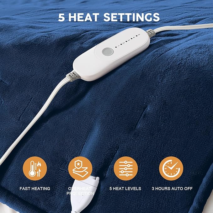 HYLEORY Heated Electric Blanket Twin 62"x84" Soft Fleece & Flannel with 5 Heating Levels & 10 Hours Timer Auto Shutt Off, ETL Certified, Washable，Heated Blanket for Body-Navy