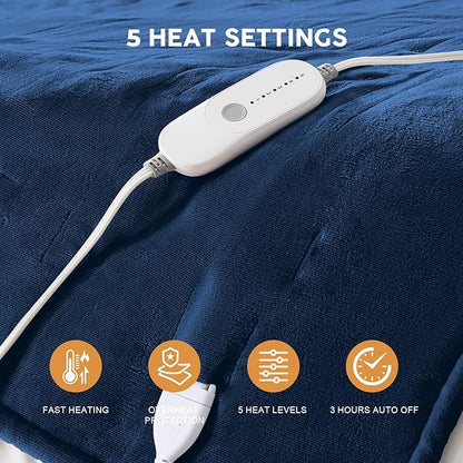 HYLEORY Heated Electric Blanket Full 72"x84" Soft Fleece & Flannel with 5 Heating Levels & 10 Hours Timer Auto Shutt Off, ETL Certified, Washable，Heated Blanket for Body-Navy