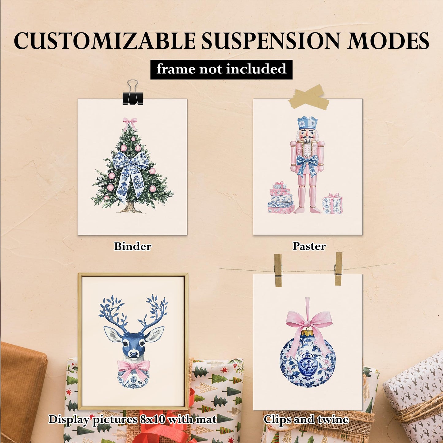 DOFQZ Pink Chinoiserie Christmas Wall Art Prints Set of 4, Grandmillenial Christmas Decor, Preppy Bauble Xmas Tree Nutcracker Reindeer Holiday Posters for Girls Dorm Apartment Decor, 8x10 Unframed