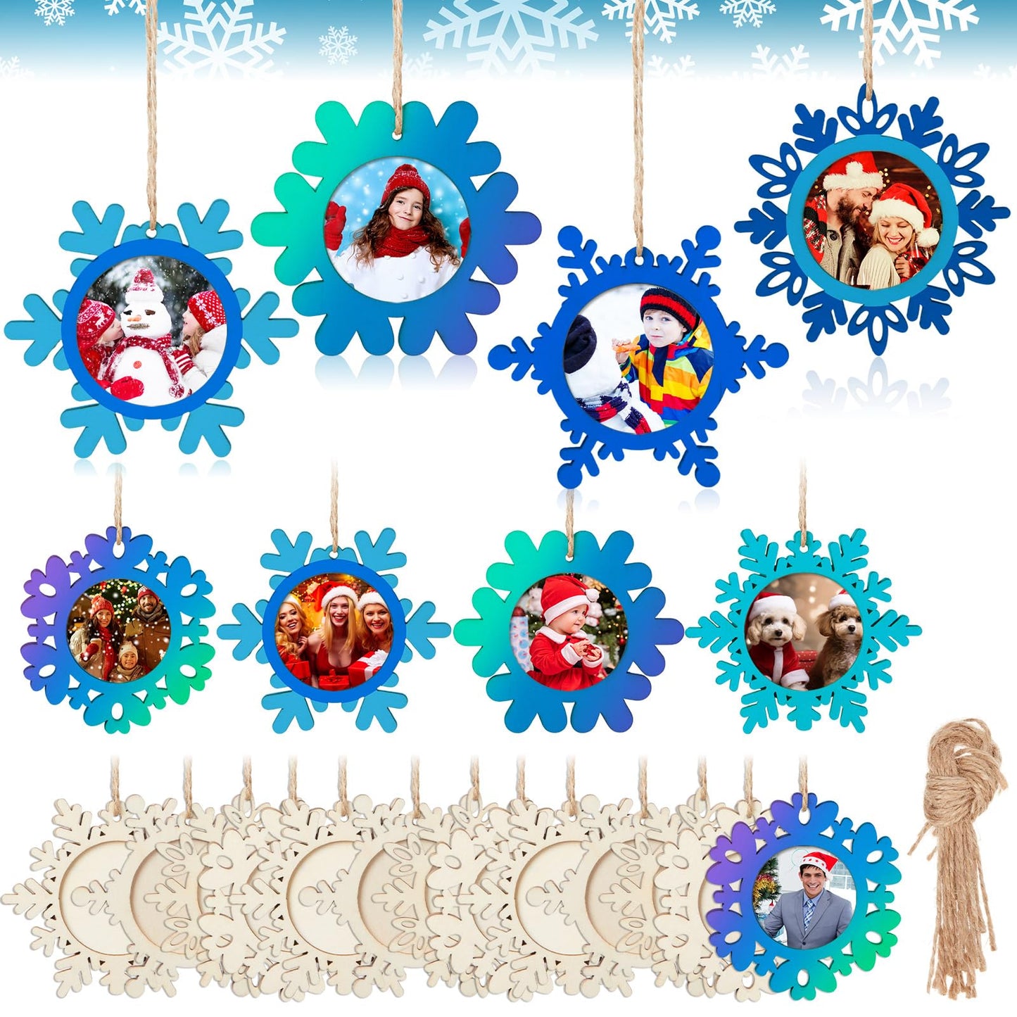 Thyle 12 Pcs Christmas Picture Frame Craft Kits DIY Wooden Snowflake Ornaments Bulk Xmas Tree Hanging Photo Frames for Christmas Party Winter Activities Home Decorations Gift
