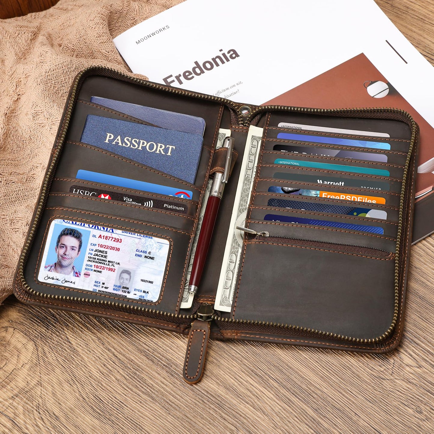 Polare Full Grain Leather Travel Passport Holder RFID Blocking Cover Case Travel Document Organizer Wallet Holders 2 Passports With YKK Zipper