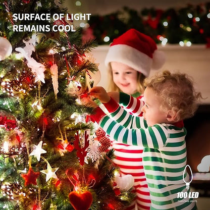WATERGLIDE C6 Christmas Lights, 33ft 100 LED Faceted String Lights Green Wire Valentines Fairy Lights with 29V Adaptor, 8 Lighting Mode, Waterproof for Indoor Outdoor Patio Xmas Tree Party Decor, Red