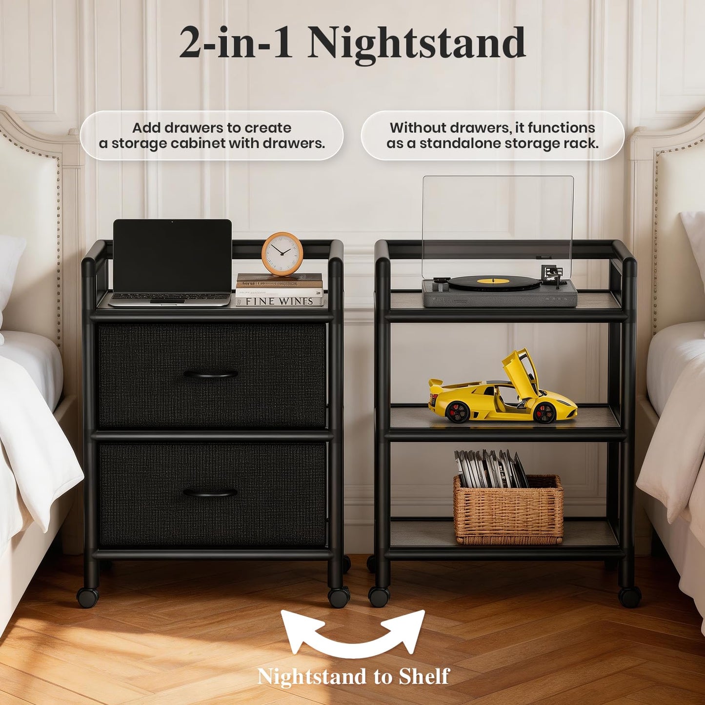 Glosen 2 Drawer File Cabinet with 26'' Removable Fabric Drawers Convert to Shelves, Mobile Filing Cabinet on Wheels, Heavy Duty Metal Printer Stand for Home Office, Small Space