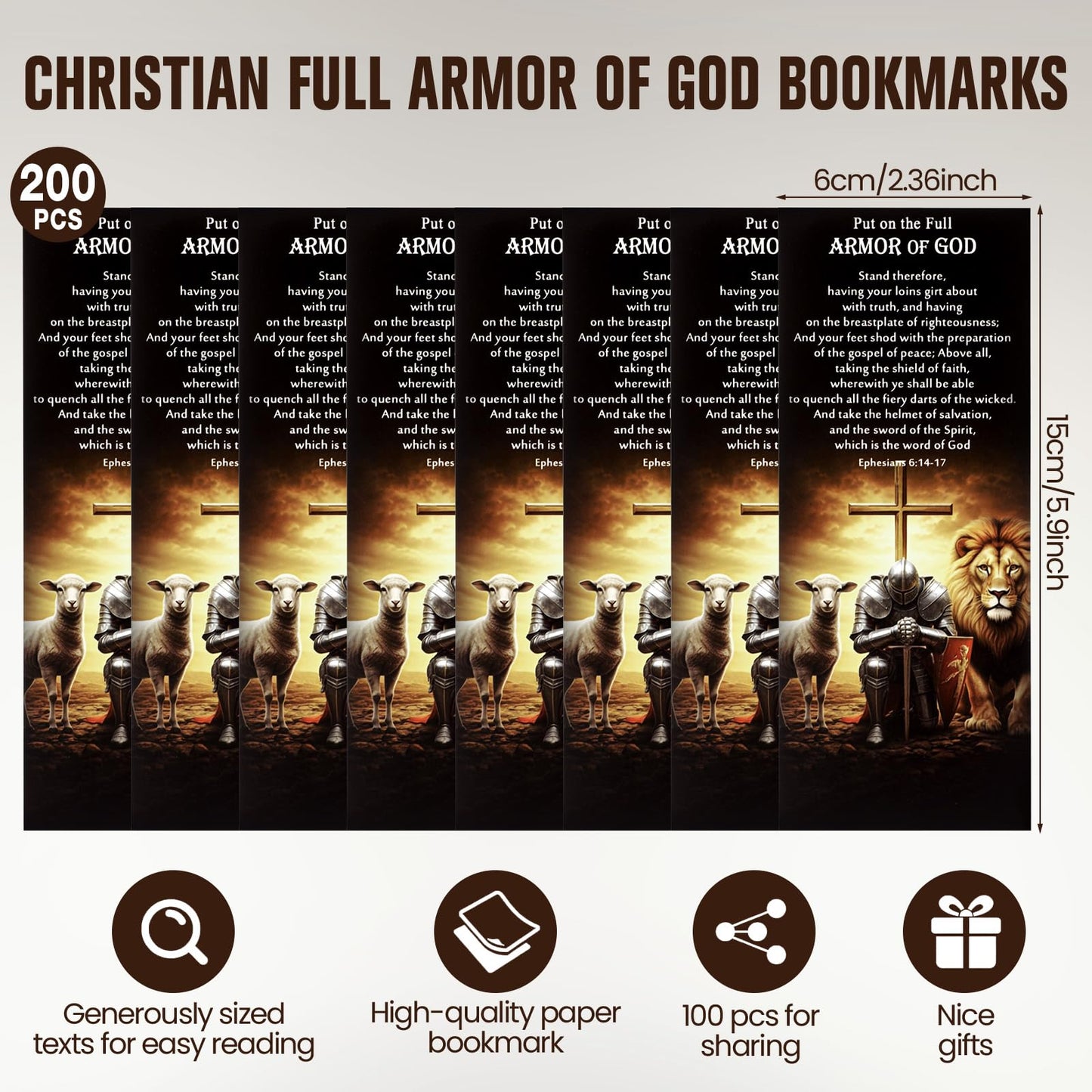 Dunzoom 200 Pcs Armor of God Bookmarks Fathers Day Christian Gifts for Men Bible Verse Bookmarks Bulk Pastor Clergy Appreciation Gifts for Sunday School Class Student (Yellow Black)