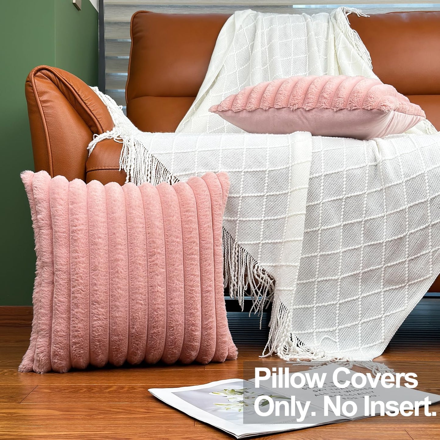 18x18 Throw Pillow Covers Set of 2, Decorative Faux Fur Covers for Bed, Couch Soft Fluffy Pillow Cover with Velvet Back for Living Room, Neutral Home Décor Accent for Sofa - Pink