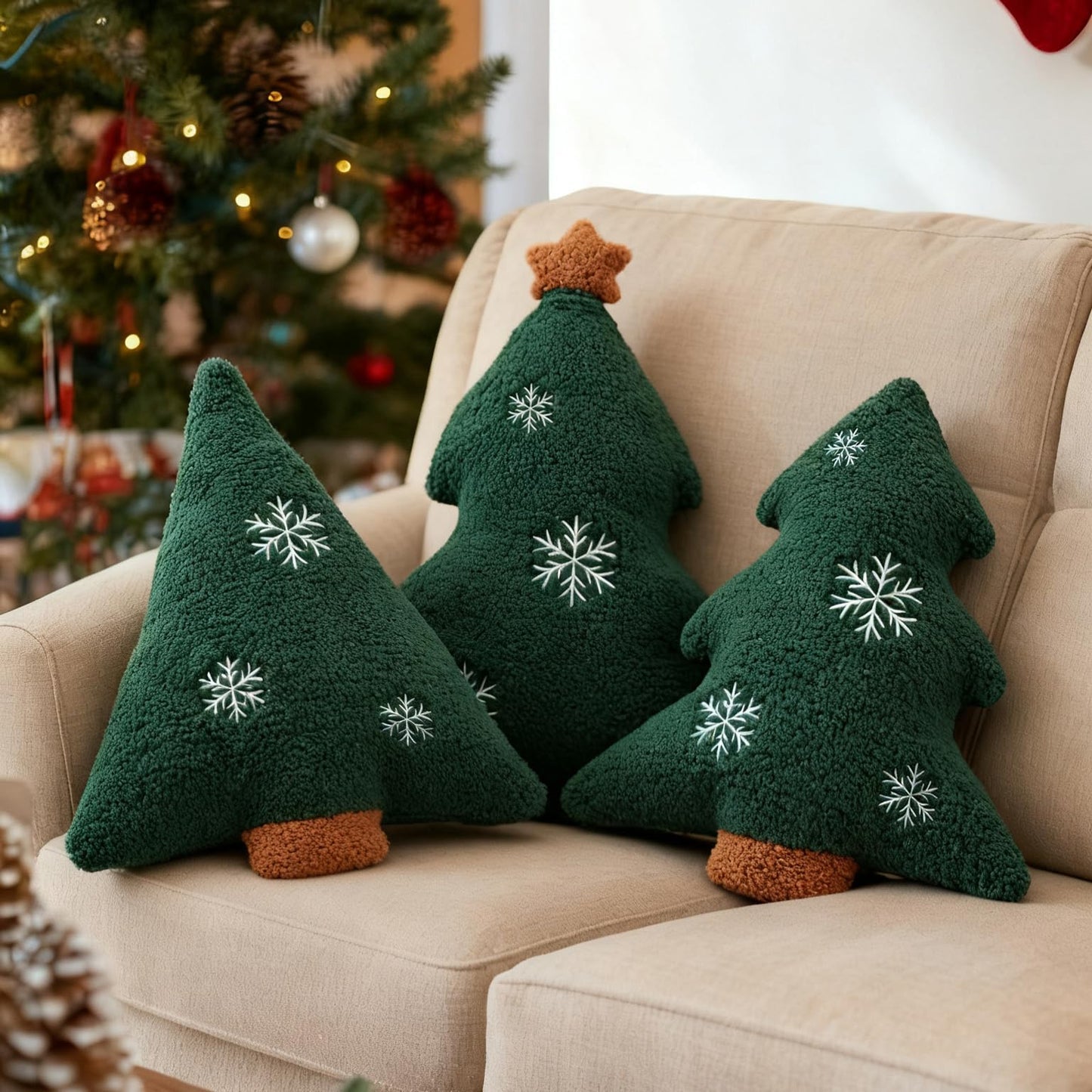 LARMOY 3 Pcs Christmas Tree Throw Pillows, 16" Cute Plush Stuffed Xmas Tree Shaped Decorative Pillows with Snowflake for Bedroom Outdoor Sofa Couch Home Winter Party Cushion Decorations